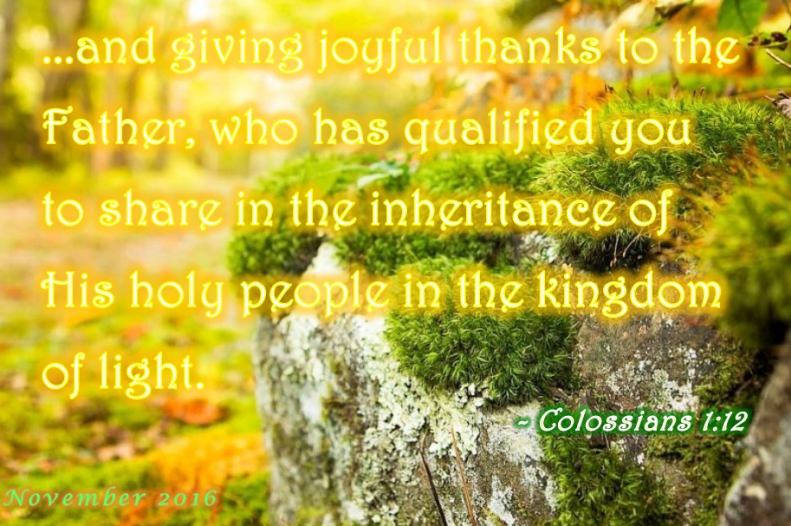 [...] and giving joyful thanks to the Father, who has qualified you to share in the inheritance of His holy people in the kingdom of light. - Colossians 1:12