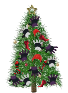 Christmas tree decorated with hats, gloves, etc. for Giving Tree Ministry at Alesia Free Methodist Church.
